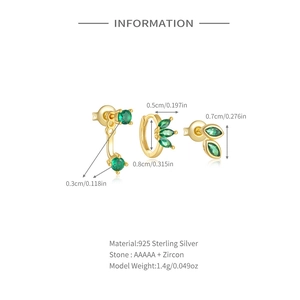 Detailed size chart of S925 sterling silver earrings set with green cubic zirconia