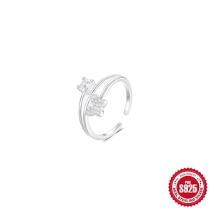 Bague double couche en argent S925 avec motifs lune, étoiles et papillon, ajustable