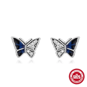 Boucles d'oreilles papillon en argent S925 avec émail bleu et pierres de zircon scintillantes