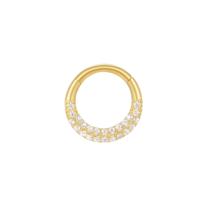 Dettaglio dell'anello in argento S925 dorato con doppia fila di zirconi bianchi micro-pave