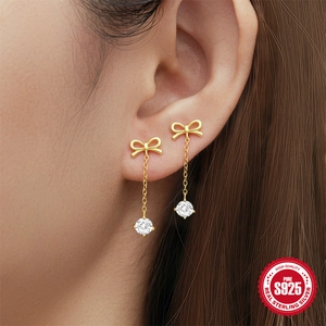 Elegant S925 sterling silver bow tassel earrings with sparkling zircon gemstones