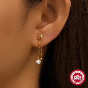 Elegant S925 sterling silver gold-plated star chain earrings with sparkling zircon stones