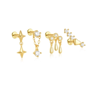 Detail van S925 sterling zilveren vergulde oorbellen set met zirkoon bedeltjes en kettingen