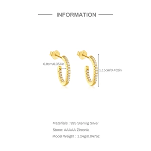 Detailed view of gold S925 sterling silver C-hoop earrings with size dimensions
