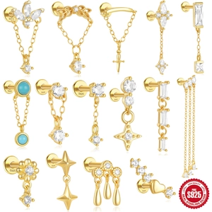 925 Sterling Zilver Vergulde Kwastje Ketting Oorknopjes Met Zirkonia Turkoois Voor Vrouwen Oorkraakbeen Sieraden