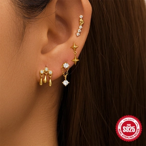 Gouden S925 sterling zilveren piercing set met ster-kwastjes en sprankelende zirkoon