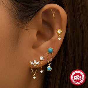 S925 sterling zilveren gouden oorsieraden set met turquoise madeliefje en kwastjes ketting