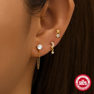 S925 sterling silver star moon earrings set with gold plating and cubic zirconia