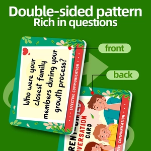 Double-sided conversation cards with interactive questions and cute cartoon illustrations