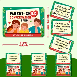 Close-up of 50 parent-child conversation cards showing 11x8cm size and illustrated questions