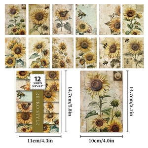 Set of 12 vintage sunflower decorative paper sheets with artistic retro oil painting patterns