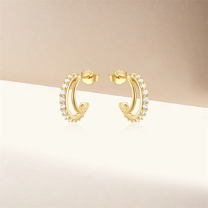 Detailed macro of S925 sterling silver double hoop earrings with cubic zirconia inlay