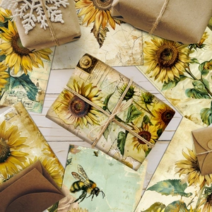 Detail of vintage sunflower scrapbooking paper with old music sheets and twine