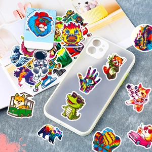 Flat lay of pop art graffiti waterproof stickers with lion and astronaut patterns
