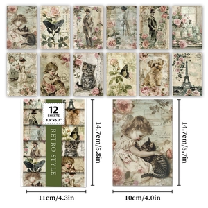12 sheets of vintage scrapbook paper with retro figures and floral designs 10x14.7cm