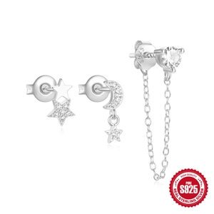 S925 sterling silver ear studs set with star moon charms and sparkling zircons