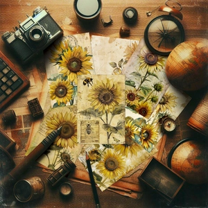 Flatlay of vintage sunflower scrapbook paper with retro props and antique botanical art