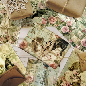 Detailed view of vintage Victoria scrapbooking paper featuring roses and cat illustrations