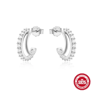 Elegant S925 sterling silver C-shape double hoop earrings with sparkling white zircons