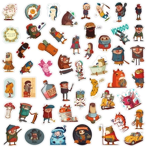 Détail d'autocollants illustrés d'animaux et de personnages sur fond blanc pur