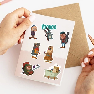 Stickers en PVC étanche avec lapin voodoo et grenouille sur une carte blanche