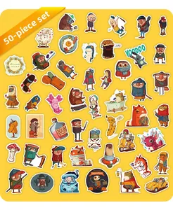 Vue à plat de 50 autocollants animaux et personnages sur un fond jaune vif