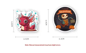 Vue détaillée montrant les dimensions d'autocollants cartoon axolotl et thème Halloween