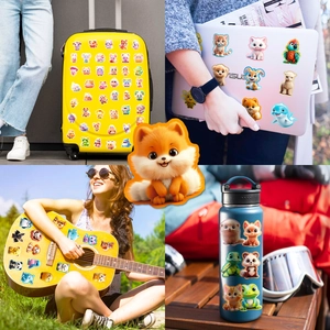 Détail d'autocollants d'animaux 3D sur ordinateur et valise aux couleurs vives