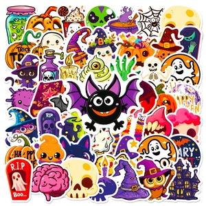 Detailed view of assorted waterproof Halloween stickers featuring classic pumpkin and ghost motifs