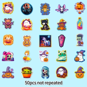 50pcs non-repeating Halloween cartoon stickers featuring ghosts and pumpkins on blue background