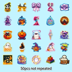Set of 50 non-repeating Halloween cartoon stickers with pumpkins, ghosts and black cats