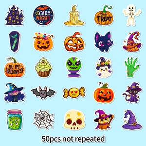 Set of 50 waterproof Halloween vinyl stickers featuring pumpkins ghosts and bats for decor