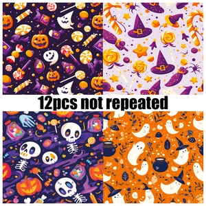 12pcs unique Halloween pattern paper featuring cute cartoon ghosts and skulls