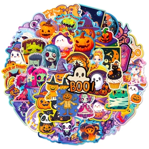50pcs Halloween cartoon stickers featuring pumpkins and ghosts for laptop and luggage