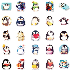 Detailed grid layout of cute cartoon penguin stickers for cups and journals