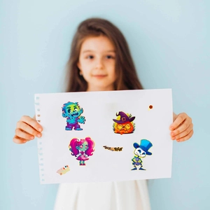 Detail of Halloween make-a-face stickers showing a zombie character and trick-or-treat text