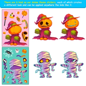Details der Halloween DIY-Sticker mit Kürbis- und Mumienfiguren sowie Gesichtszubehör