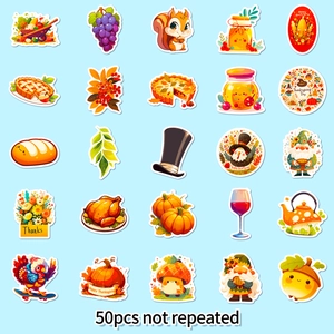 Pack of 50 waterproof Thanksgiving stickers with turkey and pumpkin designs for laptop decor