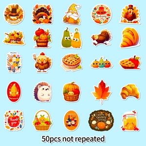 Detailed spread of 50 unique waterproof Thanksgiving stickers featuring turkeys and autumn leaves