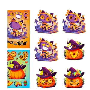 Halloween Make a Face sticker set with mummy cats, pumpkins, and RIP tombstones