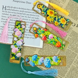 Hollow Brass Flower Metal Bookmark With Satin Tassel Retro Rose Sunflower Tulip Hydrangea Stationery Gift For Reader