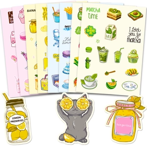 Lot de 8 feuilles d'autocollants mignons dessinés à la main, thèmes matcha, fruits et animaux
