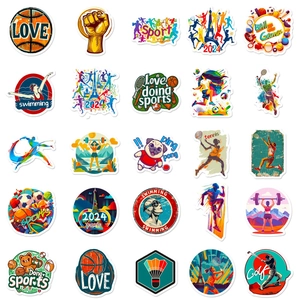 Macro view of 2024 Paris sports theme stickers with Eiffel Tower and athletic motifs