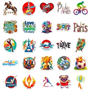 Set of 25 Paris sports stickers featuring Eiffel Tower and athletic motifs for luggage