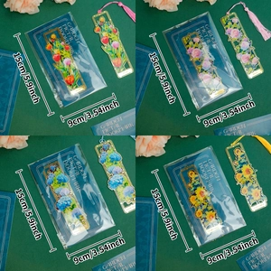 Vintage brass floral bookmarks set with colorful tulip rose and hydrangea designs