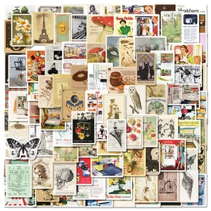 Detailed pile of vintage aesthetic stickers featuring retro art, botanicals and travel themes