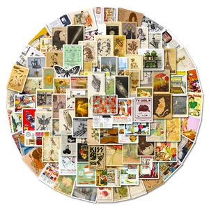 Detailed close-up of vintage art stickers for DIY luggage and laptop decoration