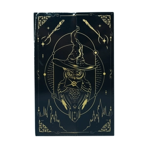 Detailed view of vintage owl notebook with magic motif and gold foil embossing