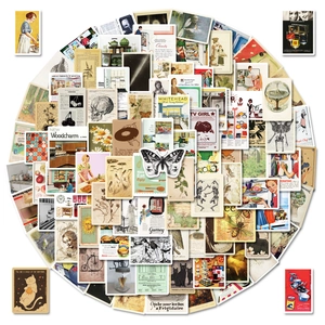 Artistic layout of 100 vintage retro stickers featuring botanical and nostalgic designs