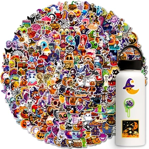 Waterproof Halloween stickers with pumpkins and ghosts shown applied to a water bottle
